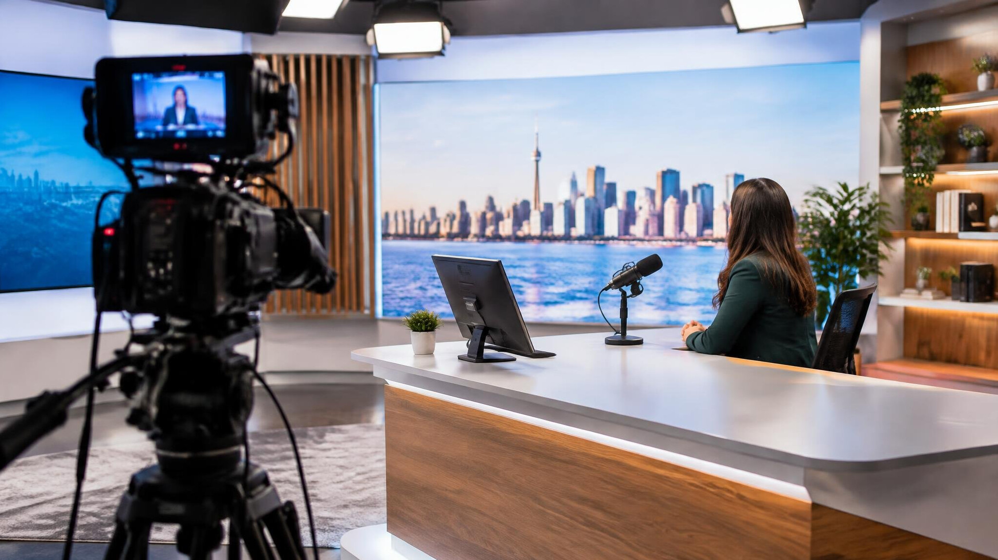 Studio segment being recorded with host at a presenter desk