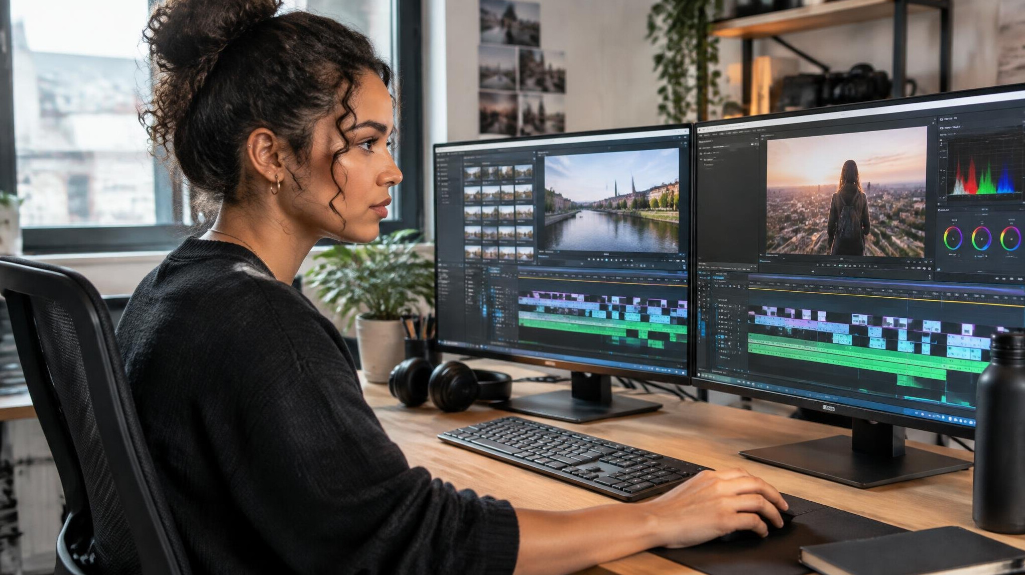 Belgian video editor reviewing footage on a timeline in an editing suite