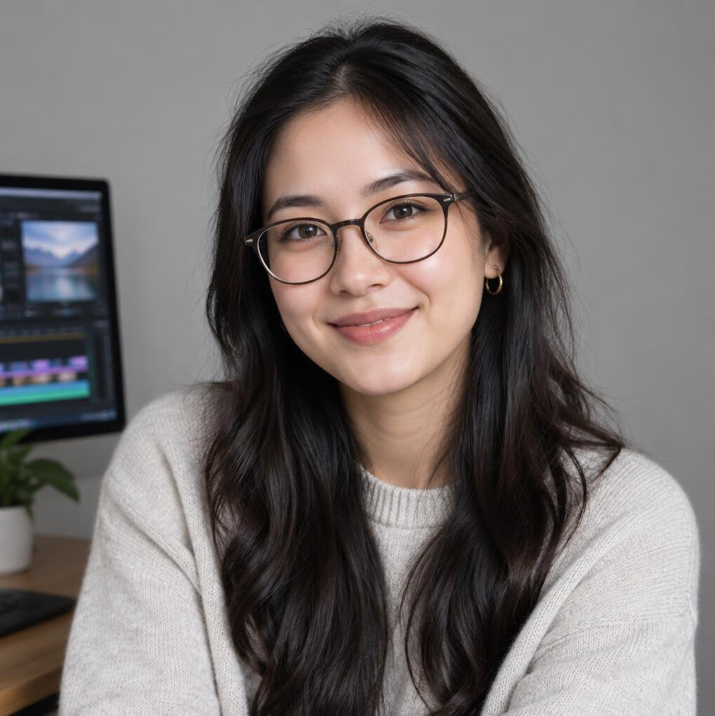 Studio portrait of a Belgian woman video editor of Asian descent