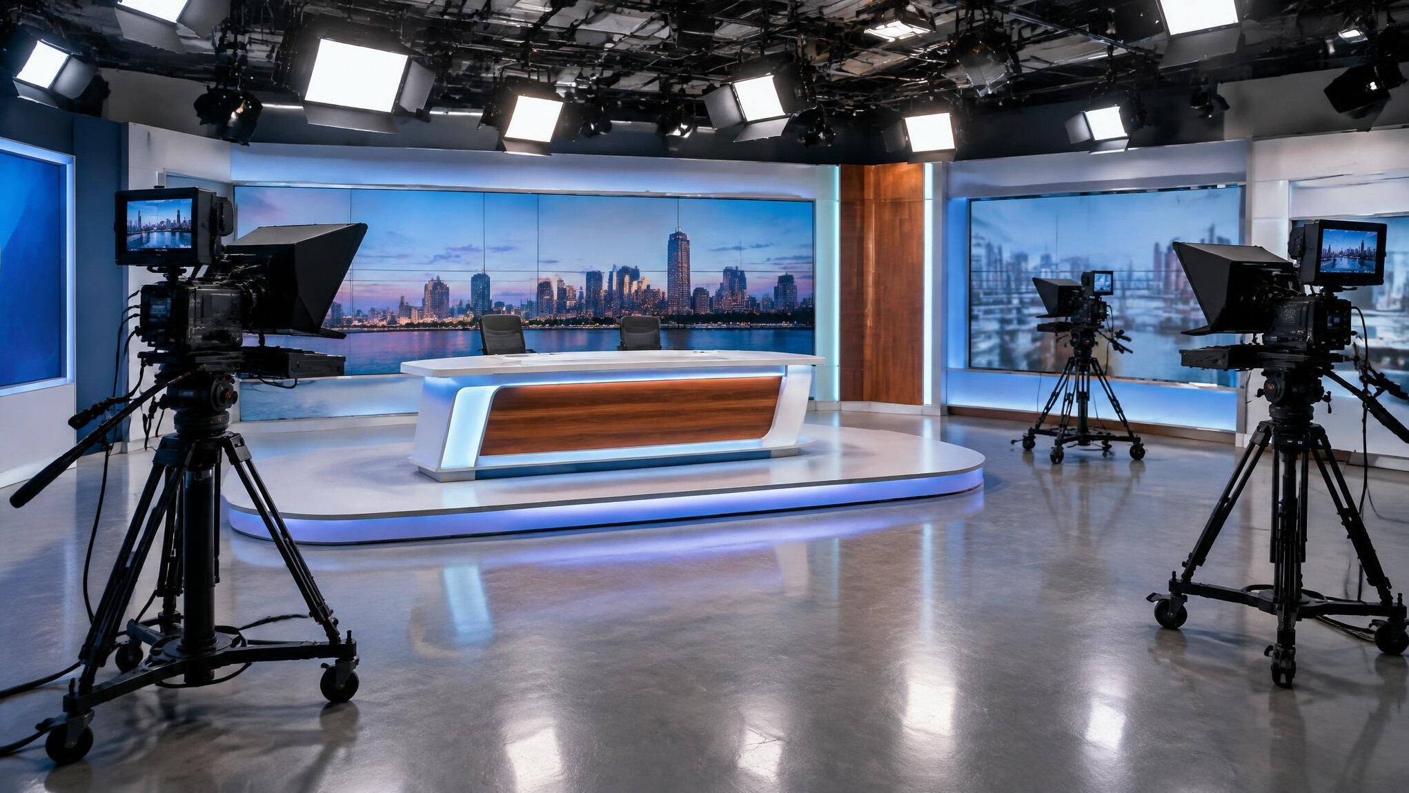 Empty television studio set with lighting rigs and cameras