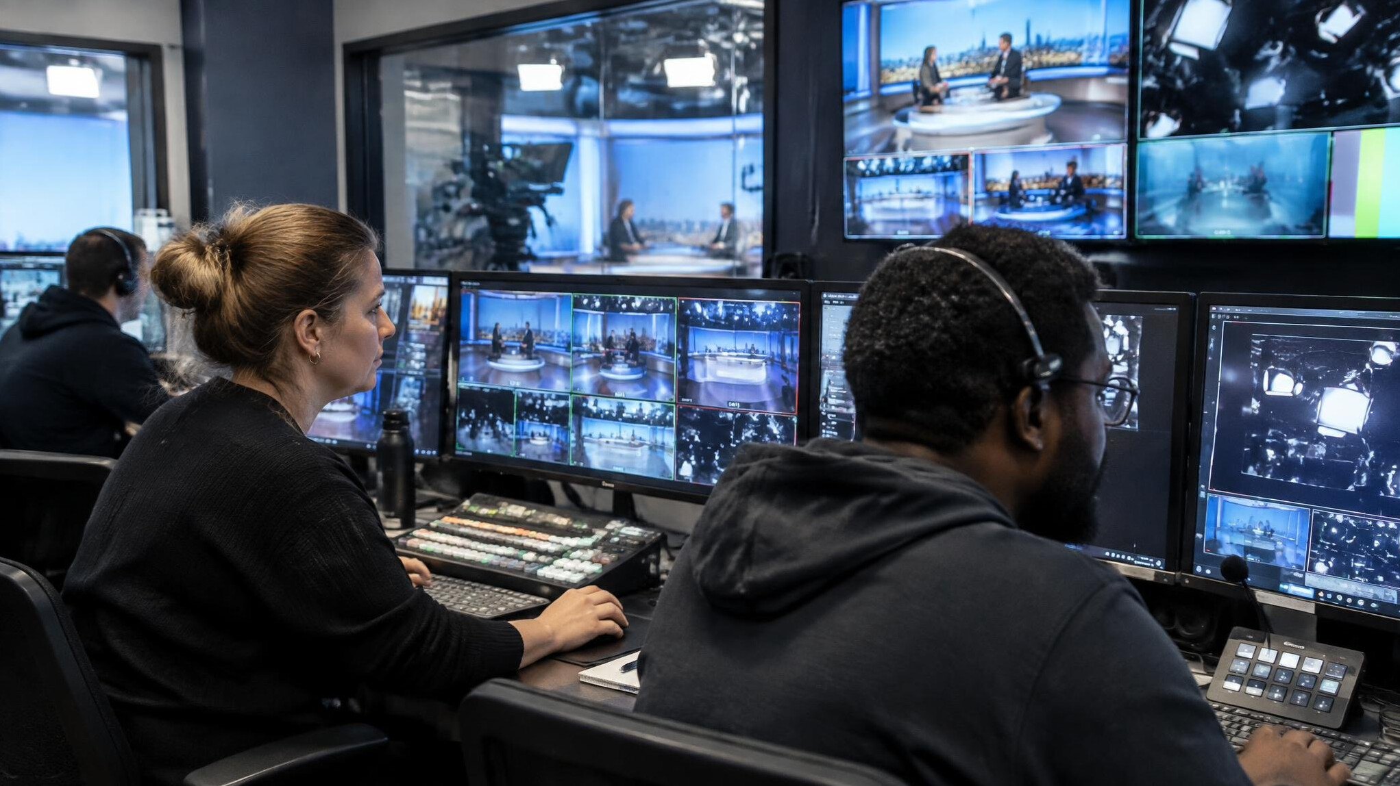 Diverse media team monitoring camera feeds and lighting in a TV studio control room